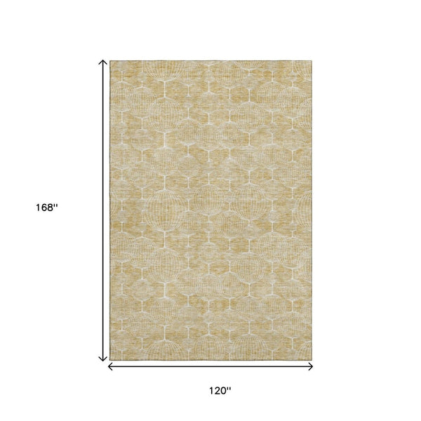 HomeRoots 10' Gold and Ivory Geometric Area Rug - Washable, UV-Protected, Durable Design for Modern Spaces 661893