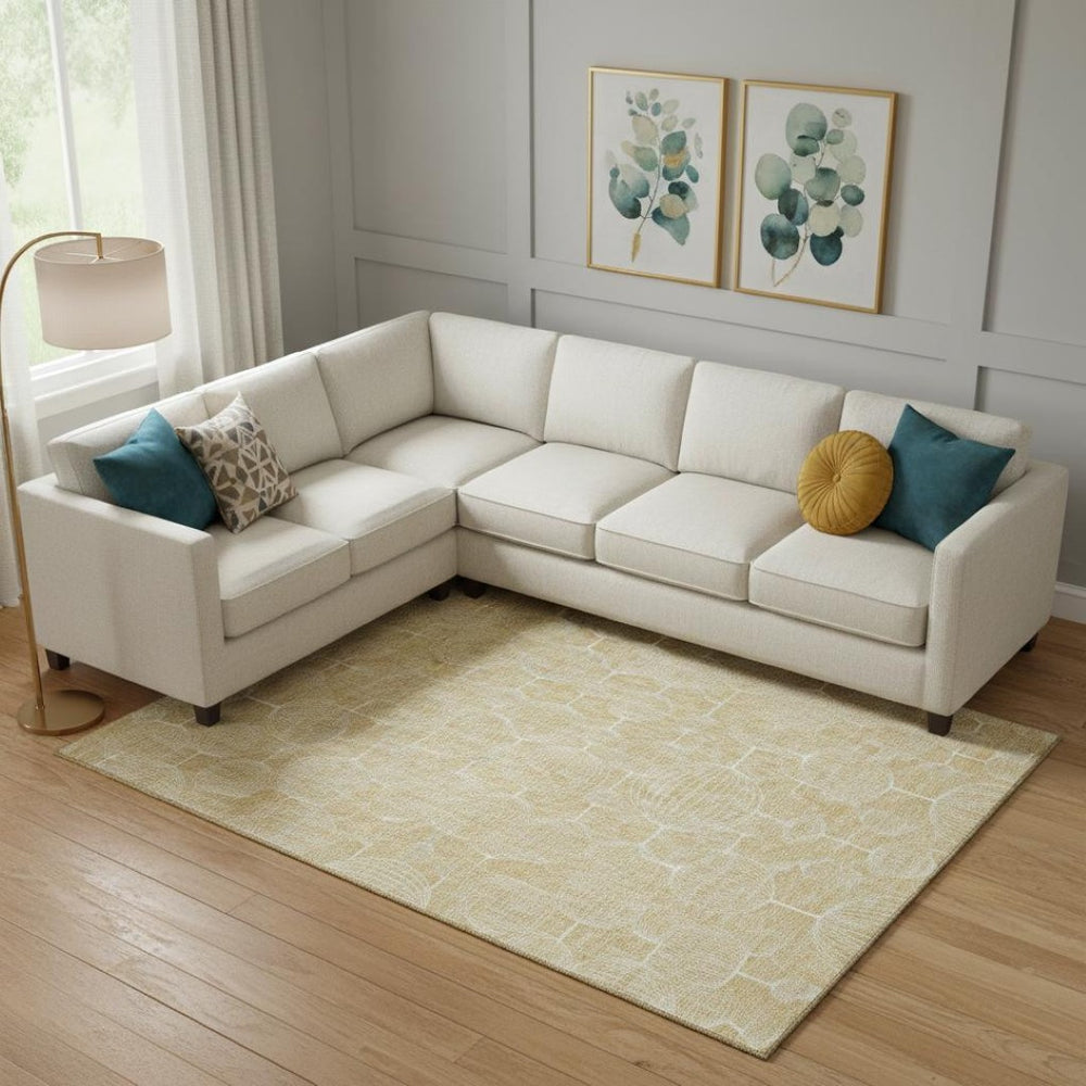 HomeRoots 10' Gold and Ivory Geometric Area Rug - Washable, UV-Protected, Durable Design for Modern Spaces 661893