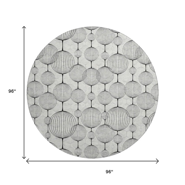 HomeRoots 8' Graphite & Silver Geometric Round Rug - Washable, UV Protected, Stain Resistant for High-Traffic Areas 661896
