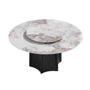 English Elm 59.05" Round Marble Dining Table With Lazy Susan, Black Oak Base, Seats 6-8, Elegant & Durable Design W1535S00460