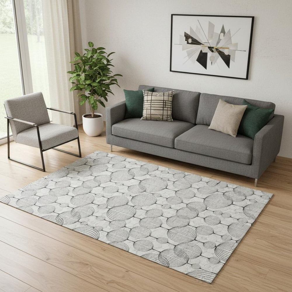 HomeRoots 5' X 8' Washable White & Gray Geometric Area Rug with UV Protection for Stylish, Easy Living Spaces 661907