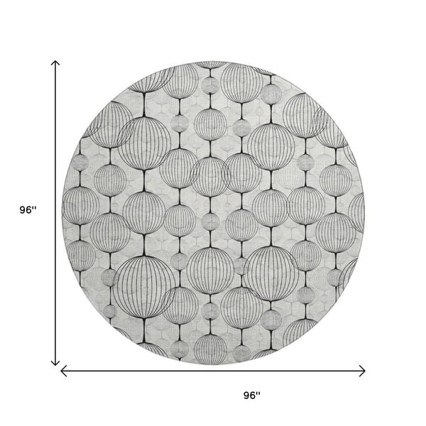 HomeRoots 8' White and Gray Geometric Round Rug - Washable, UV Protected, Stain Resistant for Modern Homes! 661908