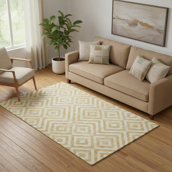 HomeRoots 5' X 8' Gold and Ivory Geometric Area Rug - Stylish, Washable, UV Protected for High Traffic Spaces 661925