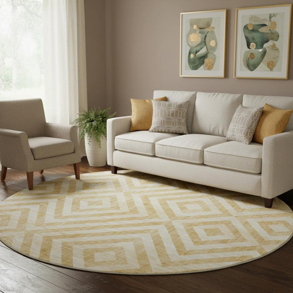 HomeRoots 8' Gold and Ivory Geometric Washable Round Rug – Durable, UV-Protected, Stylish for Modern Spaces! 661926