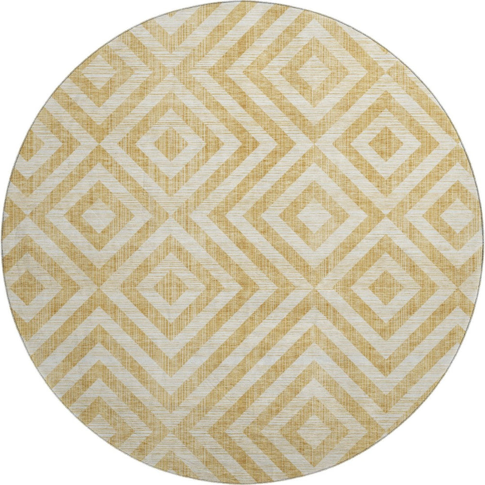 HomeRoots 8' Gold and Ivory Geometric Washable Round Rug – Durable, UV-Protected, Stylish for Modern Spaces! 661926