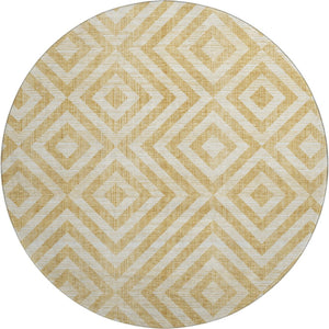 HomeRoots 8' Gold and Ivory Geometric Washable Round Rug – Durable, UV-Protected, Stylish for Modern Spaces! 661926