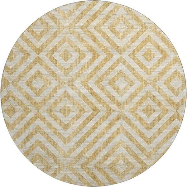 HomeRoots 8' Gold and Ivory Geometric Washable Round Rug – Durable, UV-Protected, Stylish for Modern Spaces! 661926