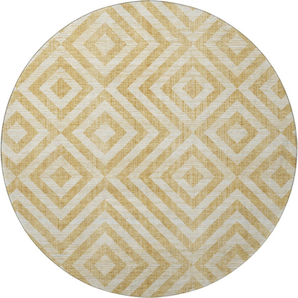 HomeRoots 8' Gold and Ivory Geometric Washable Round Rug – Durable, UV-Protected, Stylish for Modern Spaces! 661926