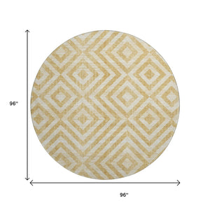HomeRoots 8' Gold and Ivory Geometric Washable Round Rug – Durable, UV-Protected, Stylish for Modern Spaces! 661926