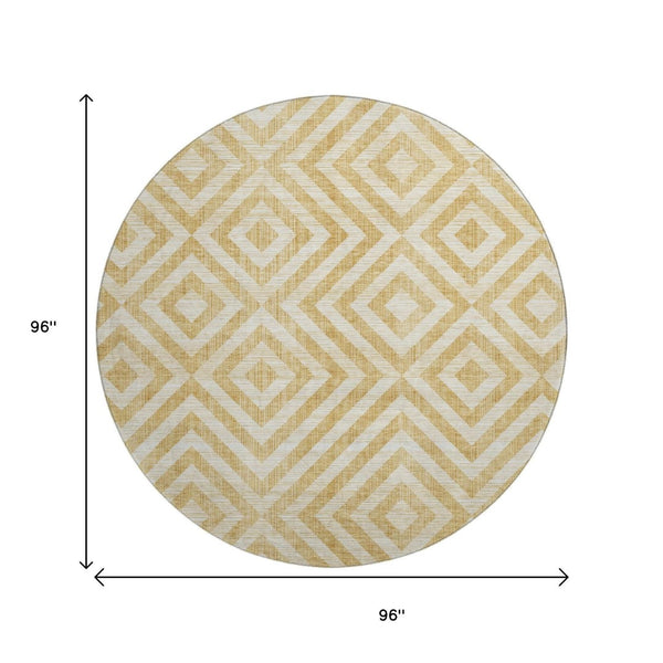 HomeRoots 8' Gold and Ivory Geometric Washable Round Rug – Durable, UV-Protected, Stylish for Modern Spaces! 661926
