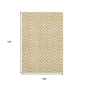 HomeRoots 9' X 12' Modern Gold and Ivory Geometric Area Rug - Washable, UV Protected, Durable for High-Traffic Homes 661928