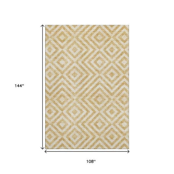 HomeRoots 9' X 12' Modern Gold and Ivory Geometric Area Rug - Washable, UV Protected, Durable for High-Traffic Homes 661928