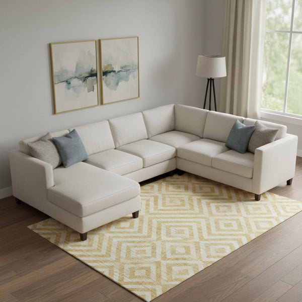 HomeRoots 9' X 12' Modern Gold and Ivory Geometric Area Rug - Washable, UV Protected, Durable for High-Traffic Homes 661928