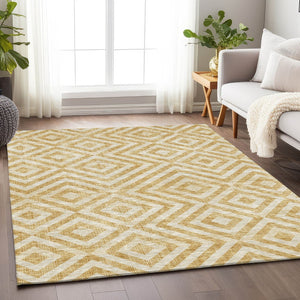 HomeRoots 9' X 12' Modern Gold and Ivory Geometric Area Rug - Washable, UV Protected, Durable for High-Traffic Homes 661928