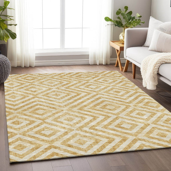HomeRoots 9' X 12' Modern Gold and Ivory Geometric Area Rug - Washable, UV Protected, Durable for High-Traffic Homes 661928