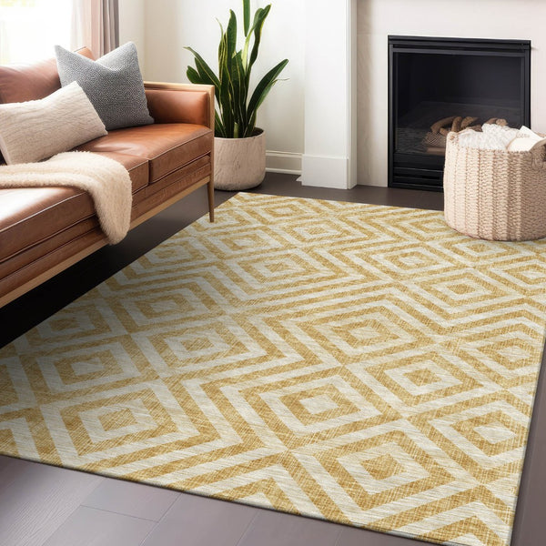 HomeRoots 9' X 12' Modern Gold and Ivory Geometric Area Rug - Washable, UV Protected, Durable for High-Traffic Homes 661928
