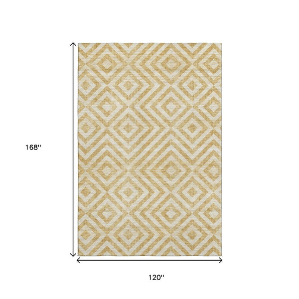 HomeRoots 10' Gold and Ivory Geometric Washable Area Rug - UV Protected, Stain Resistant for Modern Spaces 661929