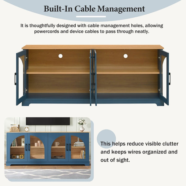 English Elm Farmhouse Media Console with Arched Glass Doors Wood Grain Two Tone Living Room Storage Blue N721P411204C