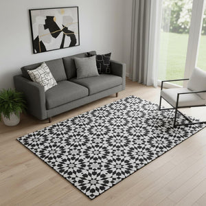 HomeRoots 5' X 8' Black And Silver Geometric Area Rug – Washable, UV Protected, Modern Style for Busy Homes 661985