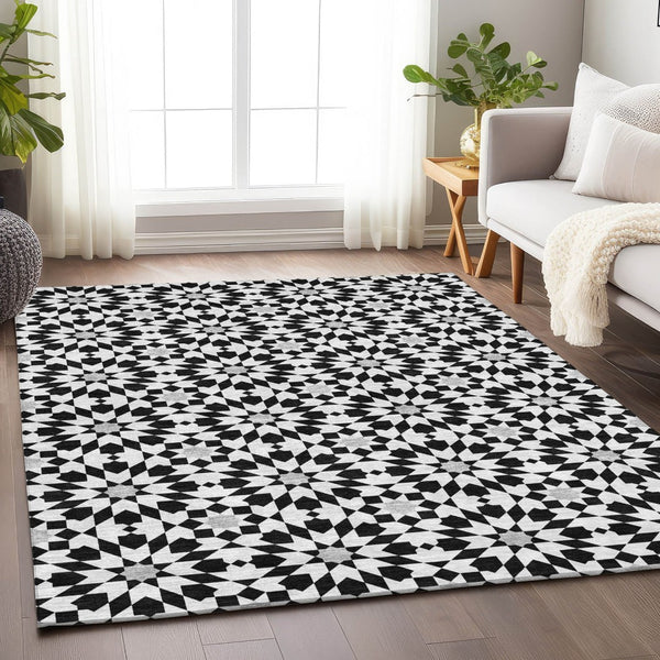 HomeRoots 8' X 10' Black and Silver Geometric Area Rug - Modern, Washable, UV-Protected for Family Spaces 661987