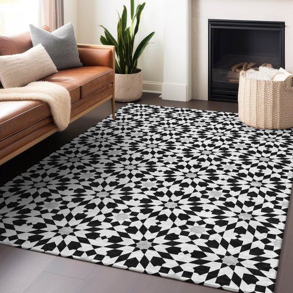 HomeRoots 8' X 10' Black and Silver Geometric Area Rug - Modern, Washable, UV-Protected for Family Spaces 661987