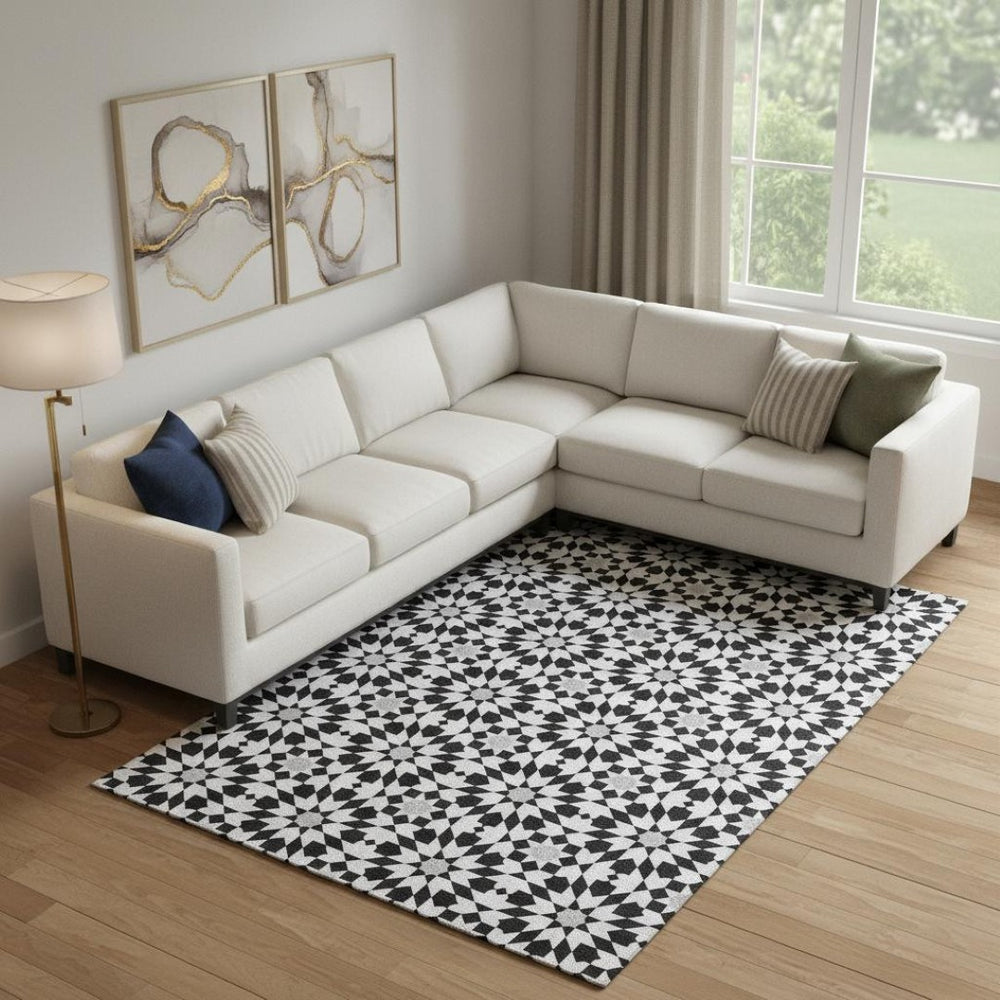 HomeRoots 9' X 12' Stylish Black and Silver Geometric Area Rug – Washable, UV-Protected, Perfect for Families 661988