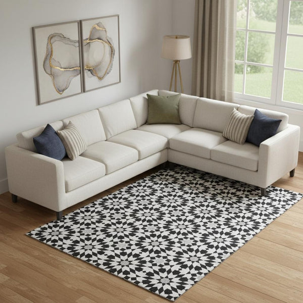 HomeRoots 10' Modern Geometric Black and Silver Washable Area Rug with UV Protection for High-Traffic Spaces 661989