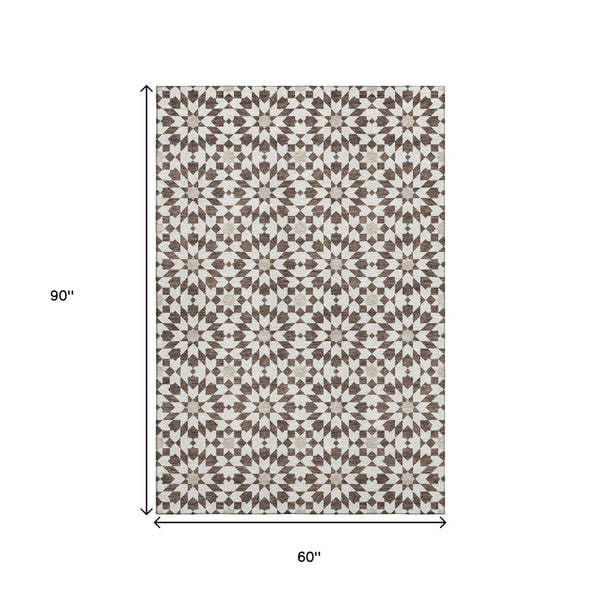 HomeRoots 5' X 8' Brown And Ivory Geometric Area Rug – Stylish, Washable, Stain Resistant, UV Protected Design! 661991
