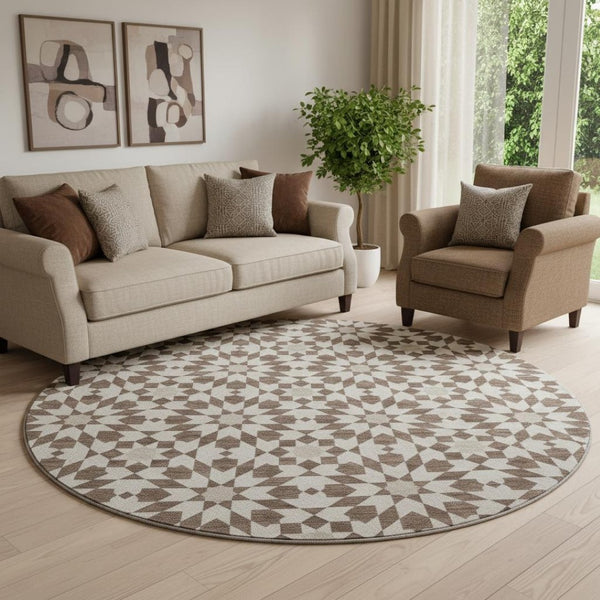 HomeRoots 8' Brown and Ivory Geometric Washable Round Rug – Durable, Stain-Resistant, UV Protected for All Spaces 661992