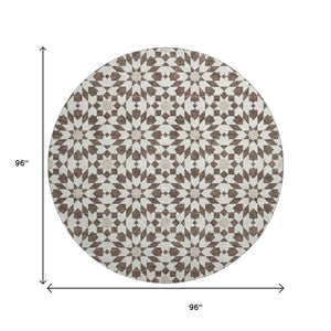 HomeRoots 8' Brown and Ivory Geometric Washable Round Rug – Durable, Stain-Resistant, UV Protected for All Spaces 661992