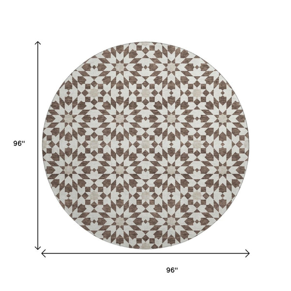 HomeRoots 8' Brown and Ivory Geometric Washable Round Rug – Durable, Stain-Resistant, UV Protected for All Spaces 661992