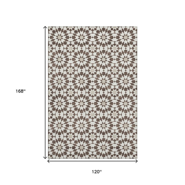 HomeRoots 10' X 14' Brown And Ivory Geometric Area Rug – Durable, Washable, UV-Protected for Family Living Spaces 661995
