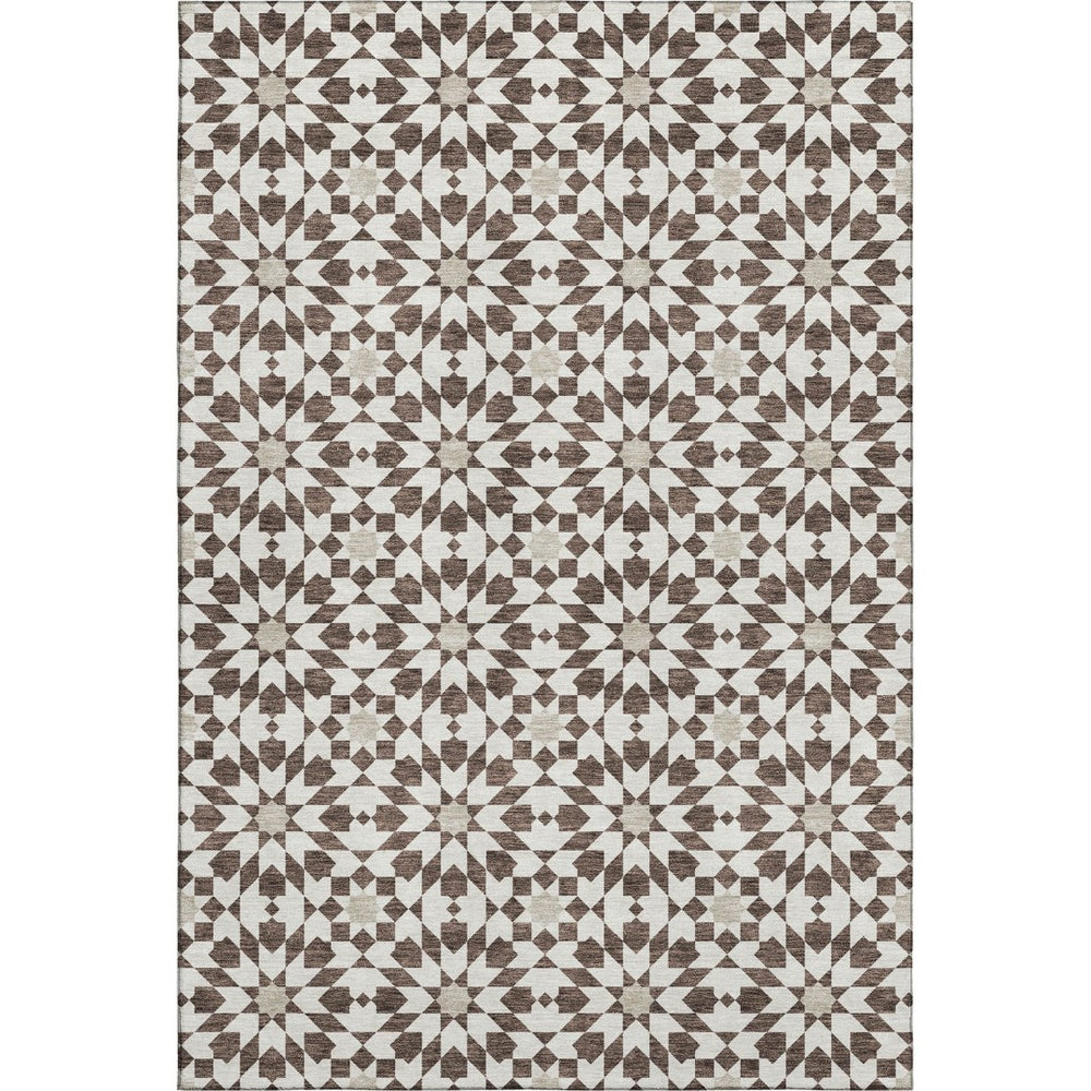 HomeRoots 10' X 14' Brown And Ivory Geometric Area Rug – Durable, Washable, UV-Protected for Family Living Spaces 661995
