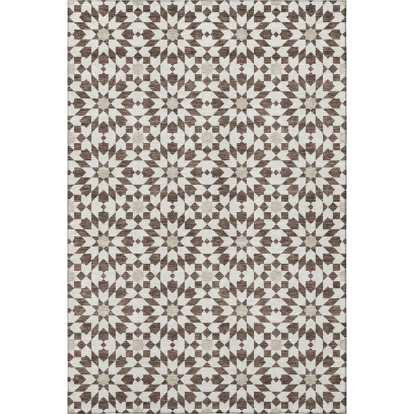 HomeRoots 10' X 14' Brown And Ivory Geometric Area Rug – Durable, Washable, UV-Protected for Family Living Spaces 661995