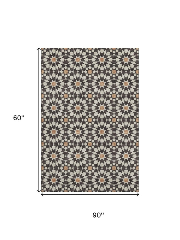 HomeRoots 5' X 8' Charcoal, Silver & Copper Geometric Washable Area Rug - UV Resistant, Perfect for Families! 661997