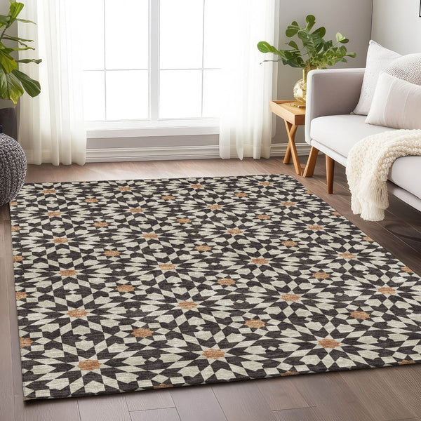 HomeRoots 5' X 8' Charcoal, Silver & Copper Geometric Washable Area Rug - UV Resistant, Perfect for Families! 661997