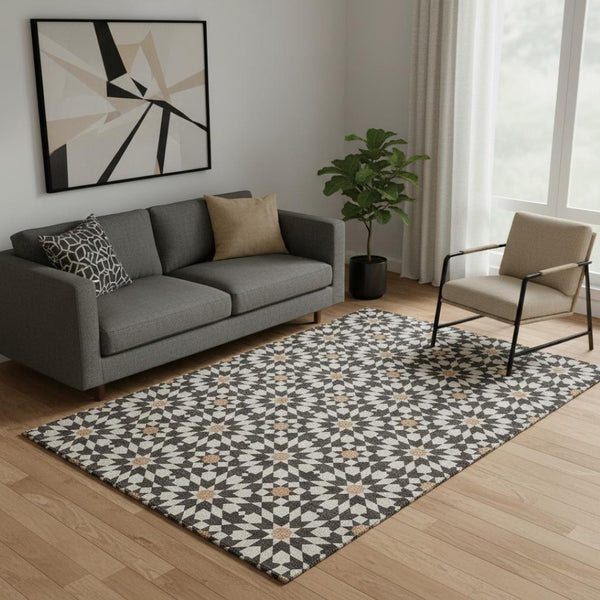 HomeRoots 5' X 8' Charcoal, Silver & Copper Geometric Washable Area Rug - UV Resistant, Perfect for Families! 661997