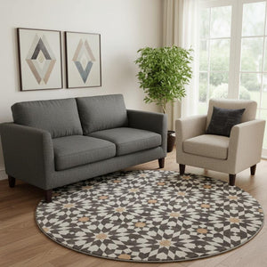 HomeRoots 8' Stylish Geometric Washable Round Rug in Charcoal, Silver, and Copper with UV Protection & Durability 661998