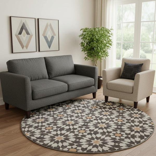 HomeRoots 8' Stylish Geometric Washable Round Rug in Charcoal, Silver, and Copper with UV Protection & Durability 661998