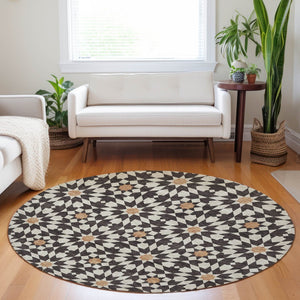 HomeRoots 8' Stylish Geometric Washable Round Rug in Charcoal, Silver, and Copper with UV Protection & Durability 661998