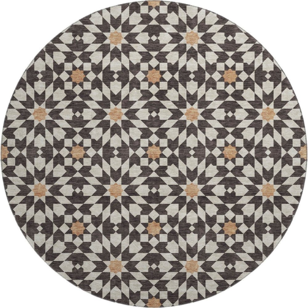 HomeRoots 8' Stylish Geometric Washable Round Rug in Charcoal, Silver, and Copper with UV Protection & Durability 661998