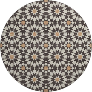 HomeRoots 8' Stylish Geometric Washable Round Rug in Charcoal, Silver, and Copper with UV Protection & Durability 661998