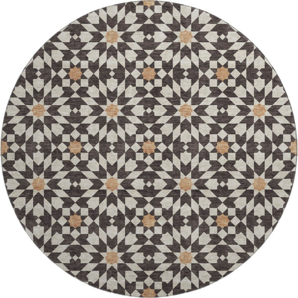 HomeRoots 8' Stylish Geometric Washable Round Rug in Charcoal, Silver, and Copper with UV Protection & Durability 661998