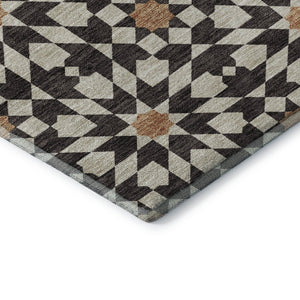 HomeRoots 8' Stylish Geometric Washable Round Rug in Charcoal, Silver, and Copper with UV Protection & Durability 661998