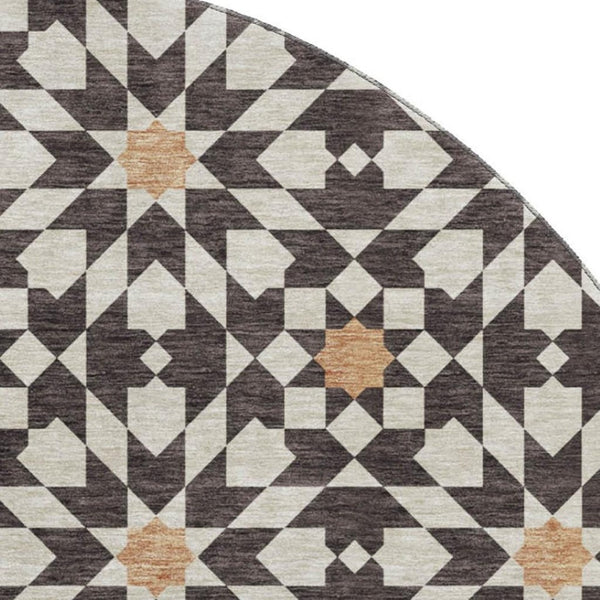 HomeRoots 8' Stylish Geometric Washable Round Rug in Charcoal, Silver, and Copper with UV Protection & Durability 661998