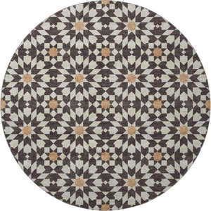 HomeRoots 8' Stylish Geometric Washable Round Rug in Charcoal, Silver, and Copper with UV Protection & Durability 661998