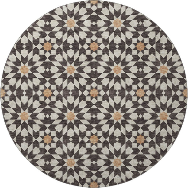 HomeRoots 8' Stylish Geometric Washable Round Rug in Charcoal, Silver, and Copper with UV Protection & Durability 661998