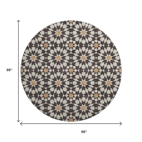 HomeRoots 8' Stylish Geometric Washable Round Rug in Charcoal, Silver, and Copper with UV Protection & Durability 661998