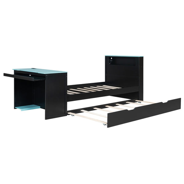 English Elm Twin Wood Gaming Daybed with Trundle Built-in Desk Rgb Lighting and Usb Port Black+Blue LT000283AAC