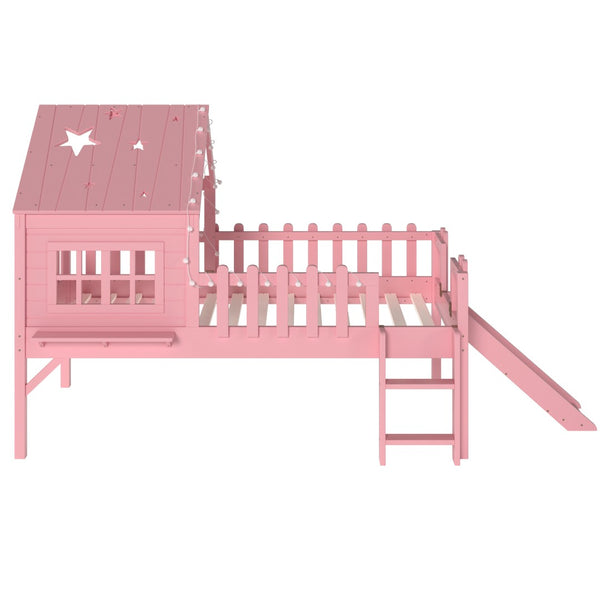 English Elm Twin Playhouse Loft Bed Solid Pine Frame with Slide Led Lights and Star Roof Pink W5316S00003
